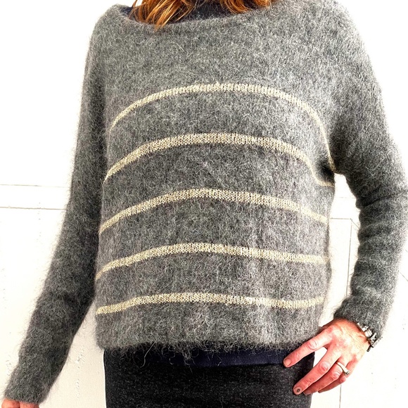 Des Petits Hauts Mohair striped gray, yellow (Women L), loose fit Sweater. - Picture 1 of 11